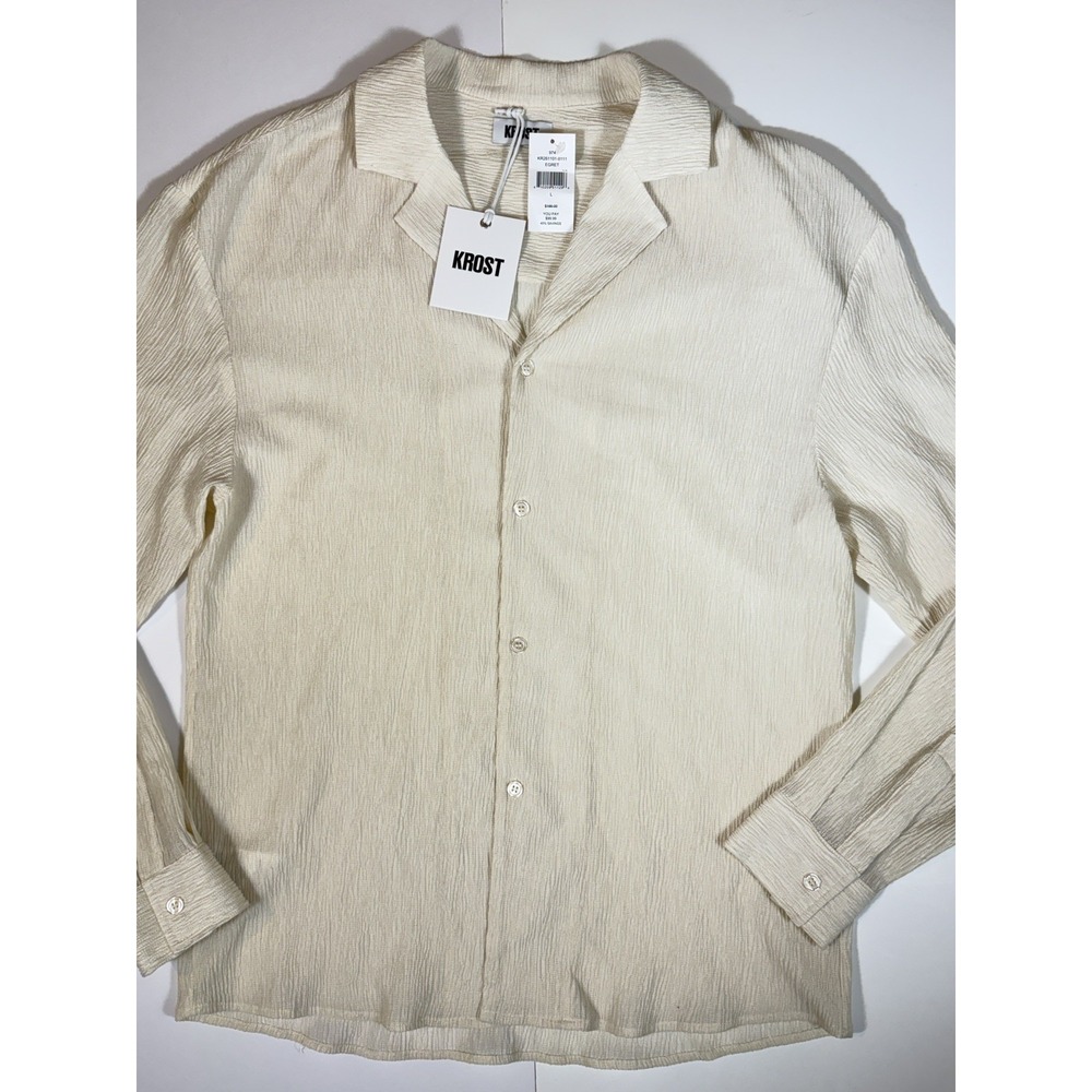 NEW KROST Men's Beige Boxy Button Up Egret Shirt Size L 66% Tencel